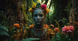 a woman wearing elaborate jewelry in the middle of a forest