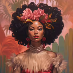 a painting with the image of a woman with flowers on her head,a painting of a woman wearing a head piece