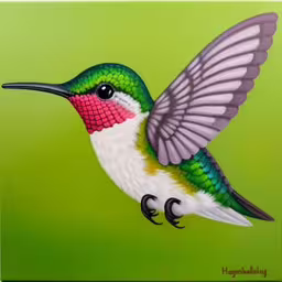 this painting depicts a green and red hummingbird in flight,a painting of a hummingbird hovering in flight