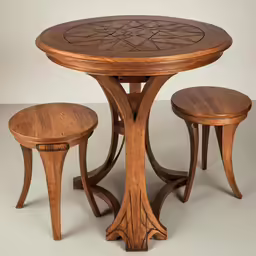 the antique wooden table with three stools and a round top
