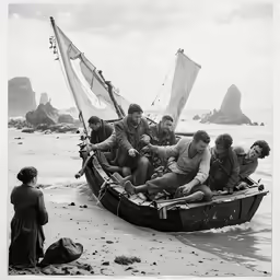 a group of people in a small boat on a beach