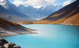 the mountain is tall and the river in front has blue water