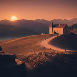 a house on a hill with a sunset in the background