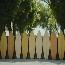 the wooden fence made of surfboards is lined up