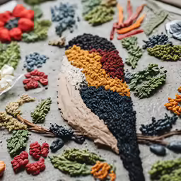 a tray of crochet is made to look like a bird