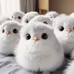 many white cat toy like animals are on a gray blanket
