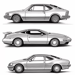three different versions of a car,three different types of cars, one white with red brake pads