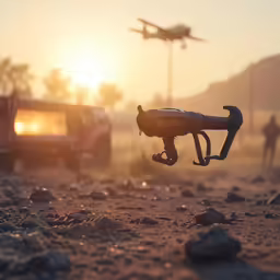 a robot flying past a truck with a man standing on it
