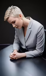 a blonde woman sitting at a black table