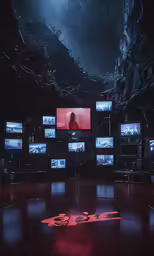 a large amount of televisions set up on tables