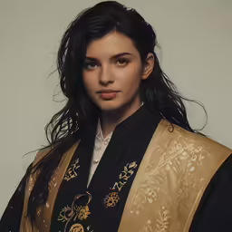 the model is wearing an elaborate vest with gold designs