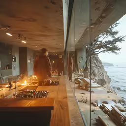 a glass and wood room with people walking up to it