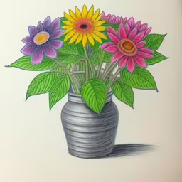 a pencil drawing of an arrangement of flowers in a vase,a colored drawing of flowers in a vase,a vase of flowers in color pencil is placed on a page,a drawing of three flowers in a vase with leaves,the drawing is of flowers in a vase