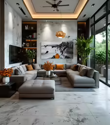 living room with gray sofa, beige sectional and large painting