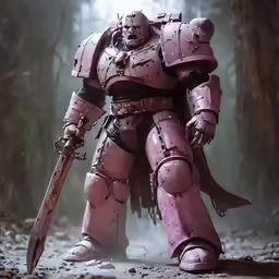 the large pink warhammer is standing in the forest