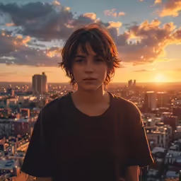 the woman is standing in front of the city