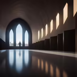 a large building that has lots of windows and concrete on the floor