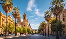 a city street with palm trees and a building