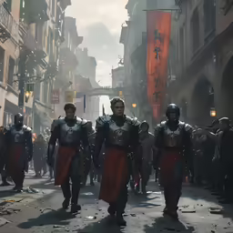 a group of people walking down a street next to tall buildings