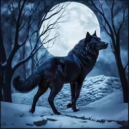 a dark wolf in front of a large full moon