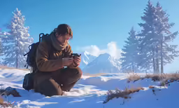 a woman kneeling in the snow while looking at her cell phone