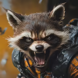 the character rocket raccoon in avengers has his teeth wide open