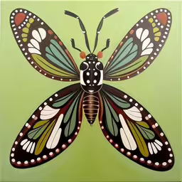 an animal on a green background a butterfly,a painted butterfly on green surface with small holes in the wings