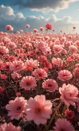 an ocean of pink daisies with blue sky