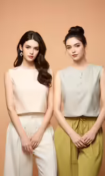 two women in matching outfits with brown hair