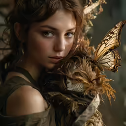 a young woman is holding a butterfly on her shoulder