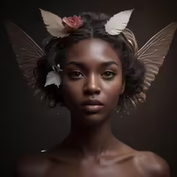 a woman with a flower on her head wearing angel wings