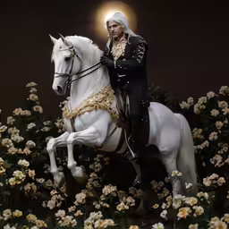 an action figure is posed on a white horse