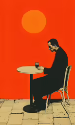 a man sits at a table with his arm resting on a cup, while looking towards the sunset