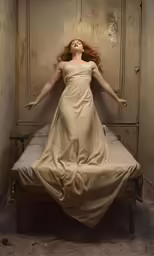 a woman with red hair in a dress is on a bed
