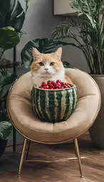 a cat sitting in a watermelon bowl on top of wooden floor