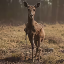 a very cute little deer standing on a lush green field