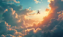 an airplane flying high up in the sky with clouds