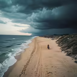 two people riding motorcycles along the beach under cloudy skies