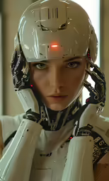 a female robot is shown wearing headlamps and gloves
