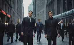 two men in suits are walking down the street