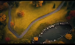 an overhead view of a winding country road
