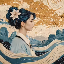 an artistic painting of a woman with dark hair, and flower in her hair