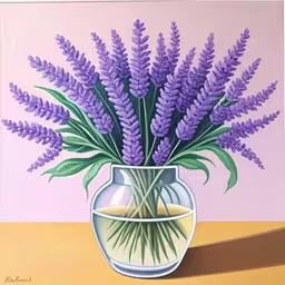 a painting of lavender flowers in a vase