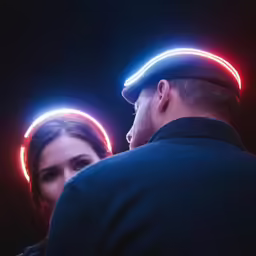 man and woman standing beside each other looking at their own reflection