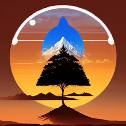 the silhouette of a tree against an orange sunset with mountain and clouds