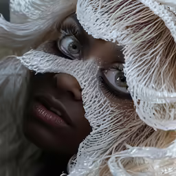 a woman with her face hidden under a net