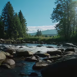some rocks are in the river water and there is a hill behind it