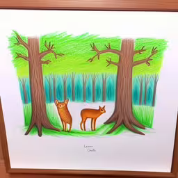 a photo frame with two deer standing in the middle of a forest