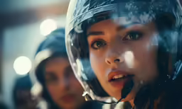 two women wearing helmets on their heads