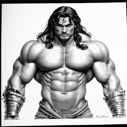 an illustration of a man with big muscles and chains on his arms